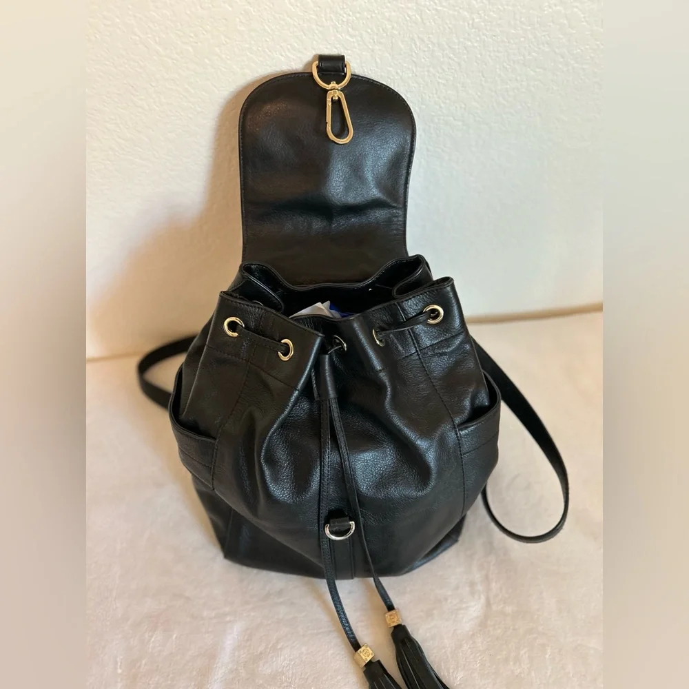 Tory Burch Black Leather Logo Drawstring Backpack